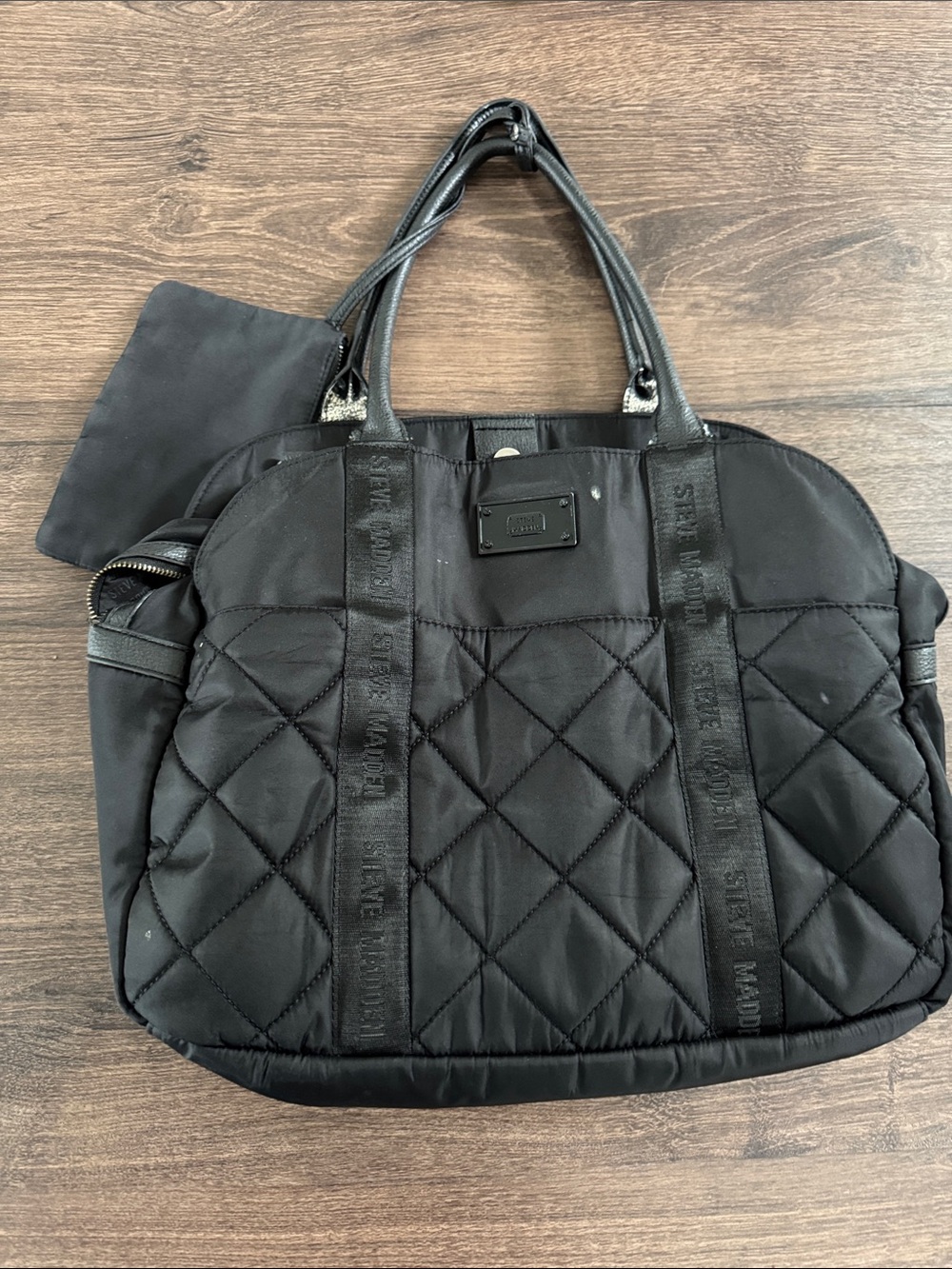 Steve Madden Black Quilted Tote with Logo Trim